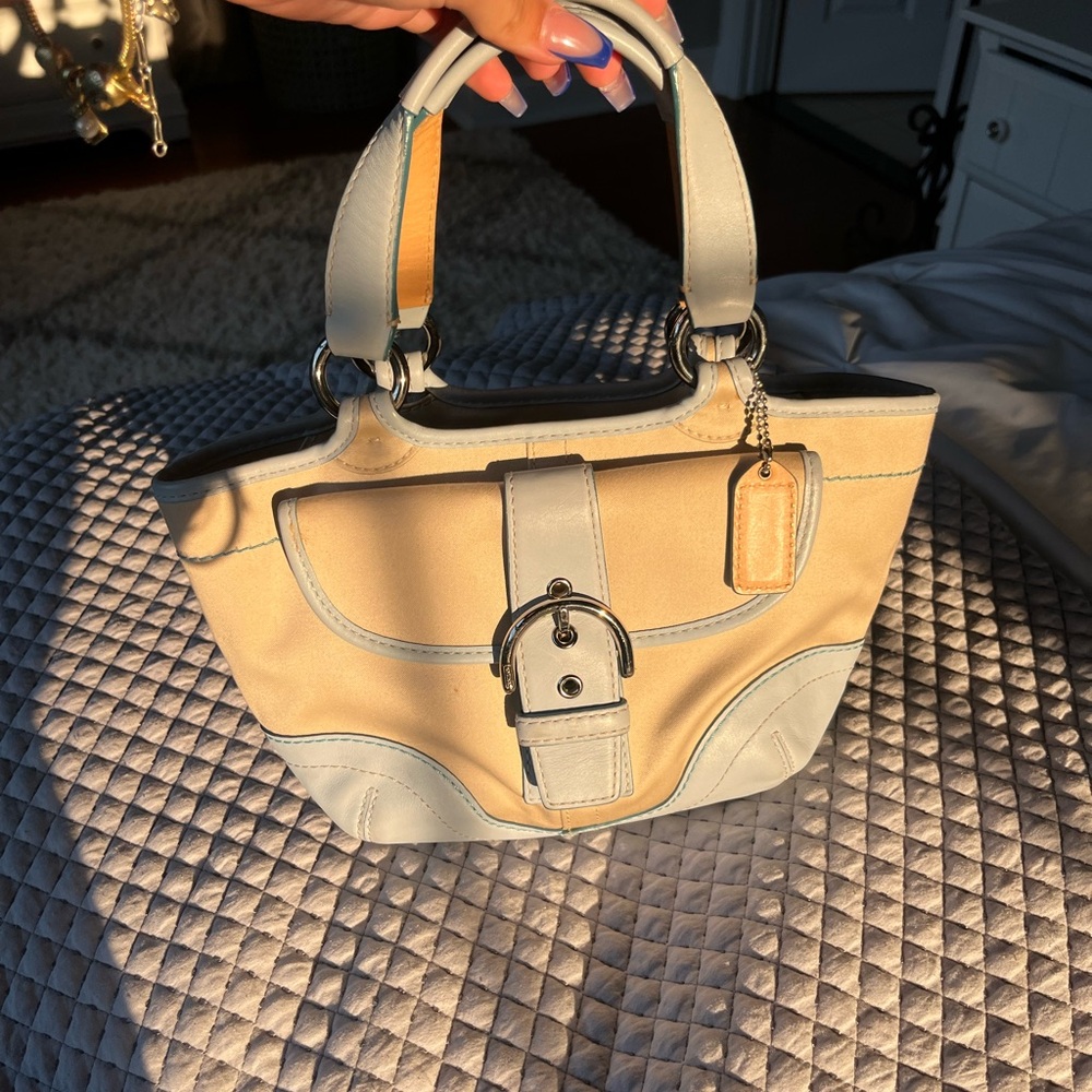 Vintage COACH 1882 Soho Twill Leather Trim Light Blue & Cream Satchel Tote